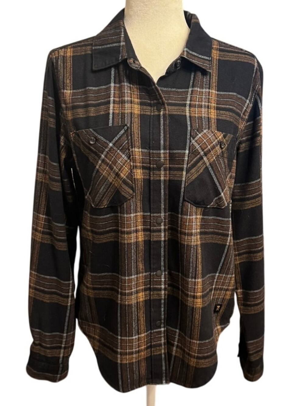 Roark Plaid Flannel Snap-Up Shirt, Women's Size M — Black & Brown Plaid